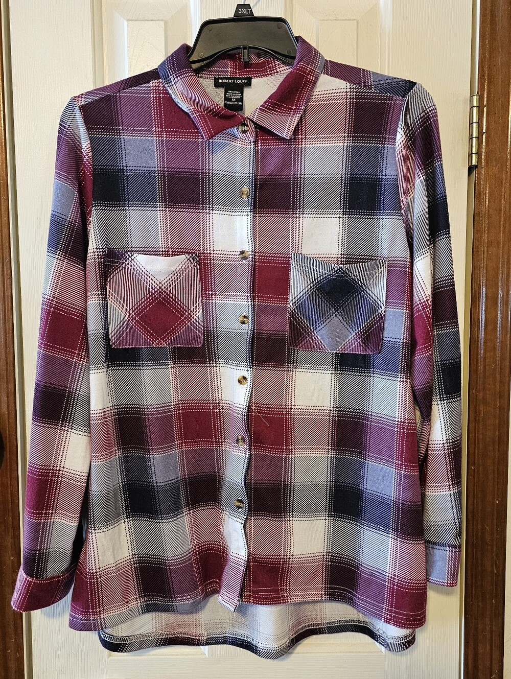 Robert Louis Women's Burgundy, White & Navy Plaid Button-Down Shirt - 1X